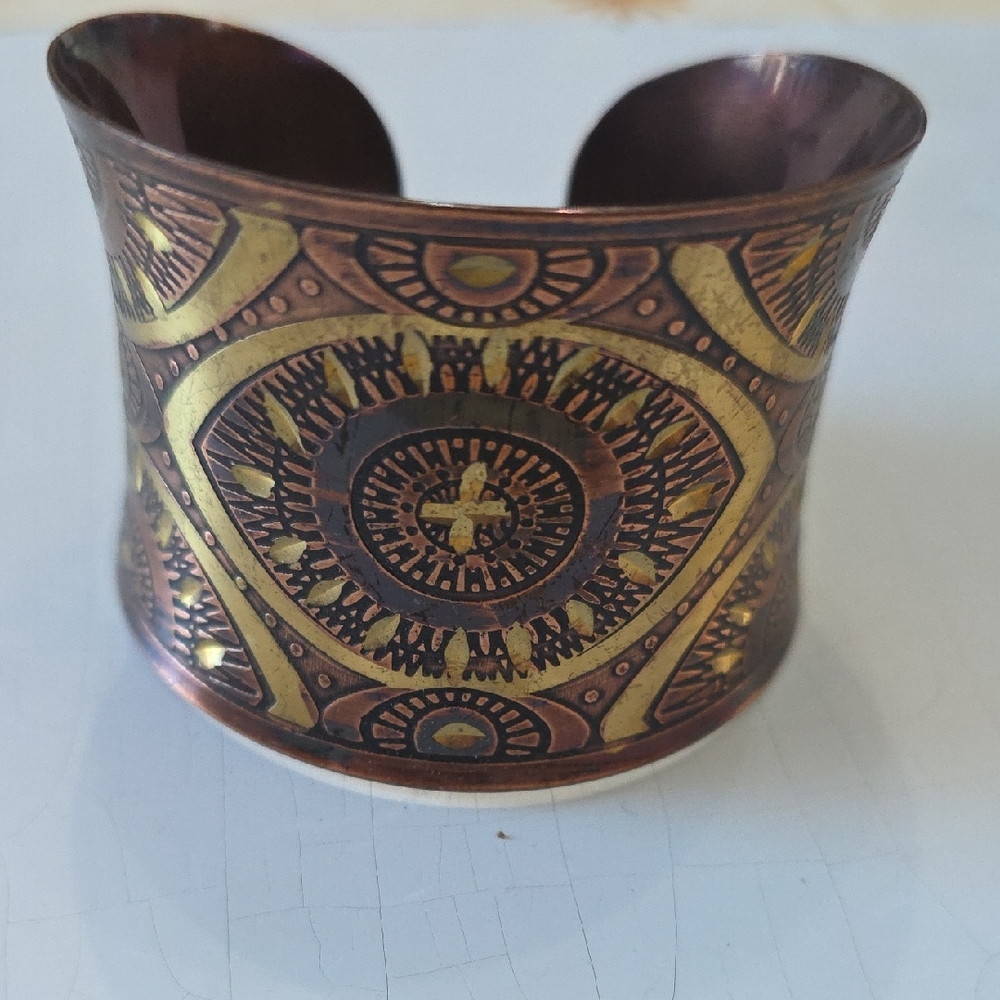 Evil Eye Motif Bohemian Copper & Brass  Gold Tones Cuff Bracelet. 2"
